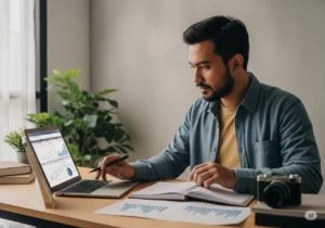ilustrasi perencanaan keuangan untuk freelancer dengan laptop dan catatan budgeting